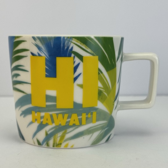 2016 Starbucks Coffee Tea Mug HI HAWAII Green Blue Palms Yellow Interior 14oz - Picture 1 of 8